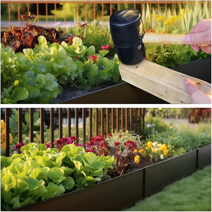 A ANLEOLIFE 12 Pack 40" LX 6"H Galvanized Steel Garden Landscape Edging for Straight & Mild Curved Lines, Hammer-in Metal Lawn Border with Gloves and 10 Stakes (40FT Total) (6 inch tall, 12pcs, Black)