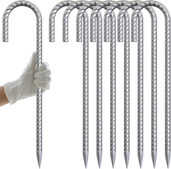 AAGUT Rebar Stakes 16 Inch J Hook Heavy Duty 8 Pack, 3/8 Inch Galvanized Metal Steel Ground Anchors Chain Link Fence Stakes for Camping Tent, Inflatables, Yard Decorations, Canopies & Swing Sets
