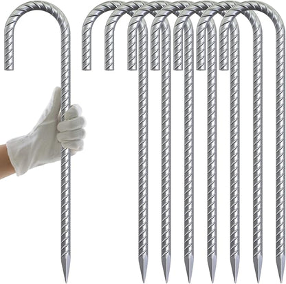 AAGUT Rebar Stakes 16 Inch J Hook Heavy Duty 8 Pack, 3/8 Inch Galvanized Metal Steel Ground Anchors Chain Link Fence Stakes for Camping Tent, Inflatables, Yard Decorations, Canopies & Swing Sets