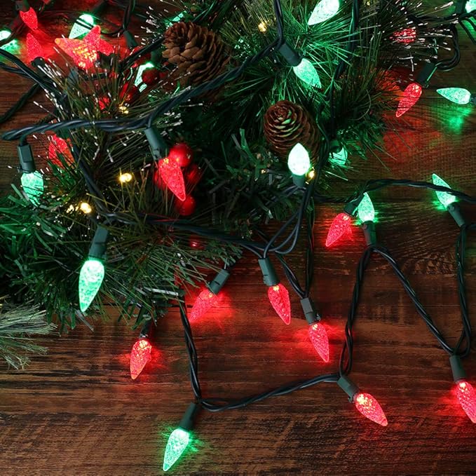Brizled Red & Green C5 Christmas Lights, 33ft 100 LED Christmas Lights, Connectable 120V UL Certified Mini Xmas Light String Faceted Xmas Light for Christmas Tree Party Roof Indoor Outdoor Decor