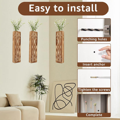 3PCS Wood Wall Planter for Indoor Plants, Wall Planter Vase, Stylish Wood Hanging Vase, Decorative Wood Wall Pocket Vase, Rectangular Hanging Planter for Living Room Bedroom Office(Brown)