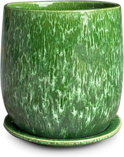 6 in Ceramic Plant Pot with Saucer，Indoor Plant Pot for Plants, Flower Pot with Drainage，Reactive Glaze Green