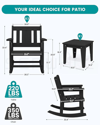 SERWALL Outdoor Rocking Bistro Set, HDPE Patio Furniture Set, Porch Rocking Chair Set with Table for Backyard, Balcony, and Garden- Black