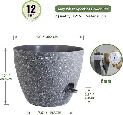 12 inch Large Self Watering Pots, Plant Pots with Mesh Drainage Holes for Indoor Outdoor Plants, Plastic Planters with Deep Reservoir for Garden House Flower Plants, Speckled Grey