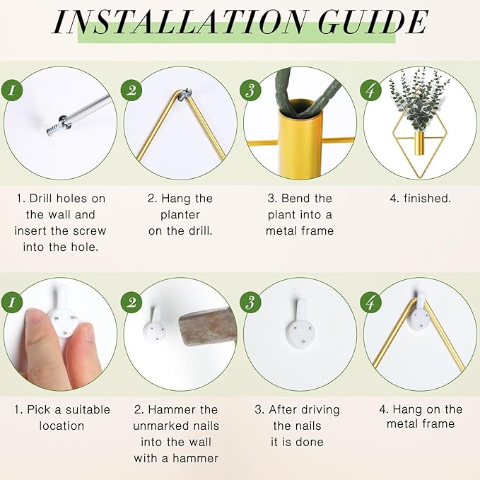 Jexine Hanging Planters with Artificial Eucalyptus Metal Hanging Vase Indoor Plants Holder Modern Geometric Boho Bathroom Wall Decor for Living Room Home Office(Gold,8 Pcs)