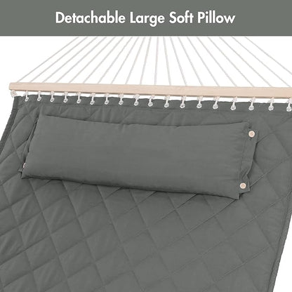 ANOW 2 Person Hammock with Spreader Bars and Detachable Pillow, Quilted Hammock for Outdoors Indoors, 450 LBS Weight Capacity, Gray
