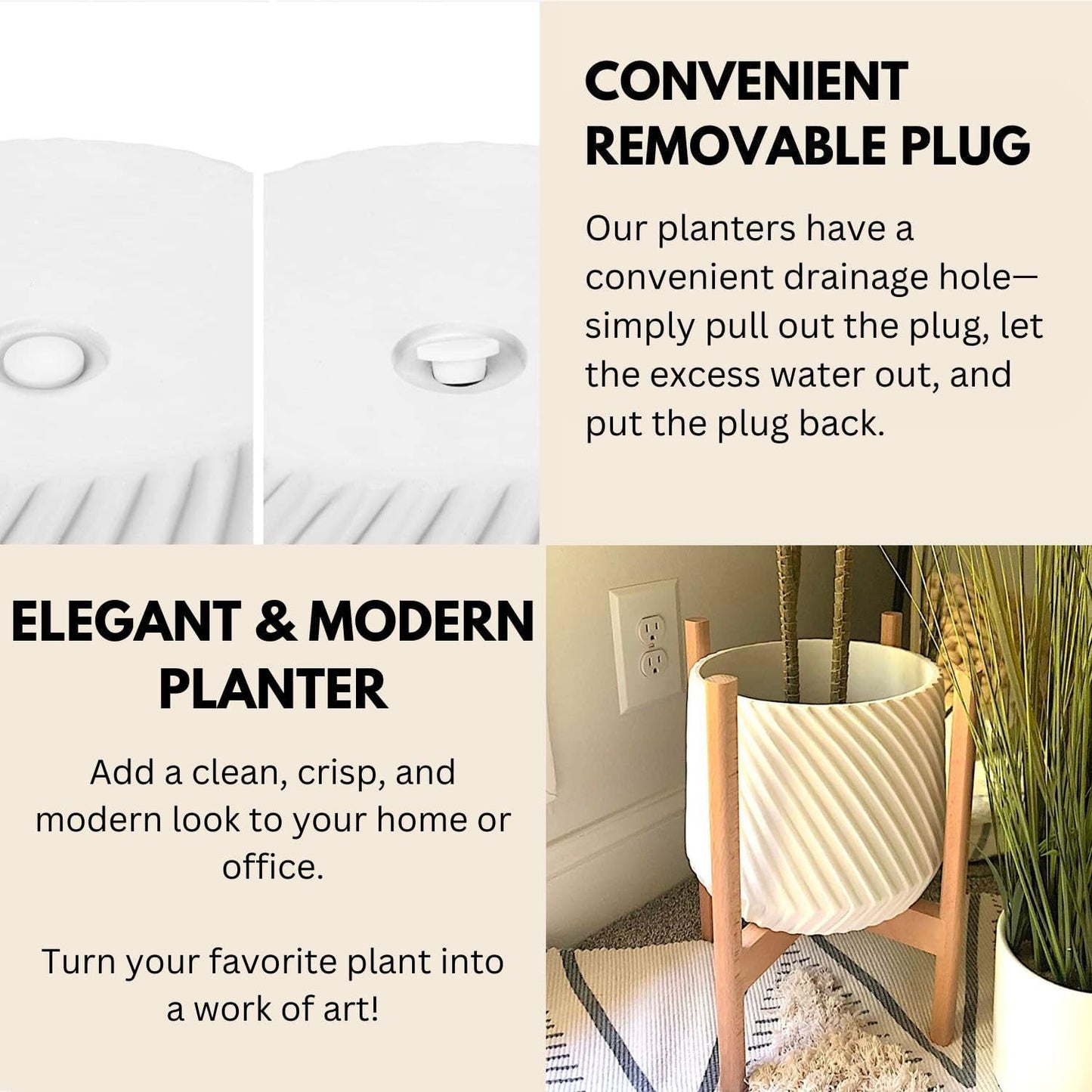 Fox & Fern Large 12 Inch Planter with Drainage Plug — Premium Polystone White Plant Pot; Modern Planter with 3D Texture and Ceramic Finish; 12 Inch Pots for Plants Indoor & Outdoor