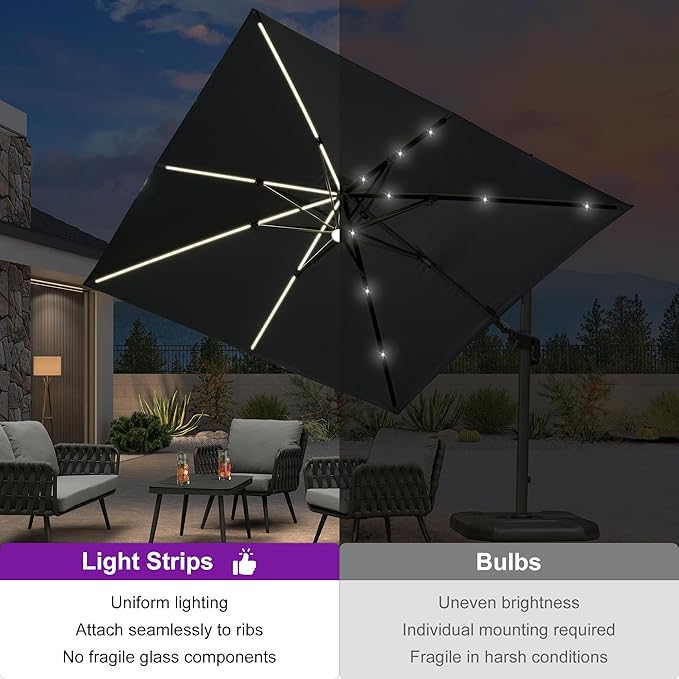PURPLE LEAF 10 Feet Patio Umbrella Outdoor Cantilever Solar Powered LED Swivel Square Umbrella Aluminum Offset Umbrella with 360-degree Rotation for Garden Deck Pool Patio, Grey