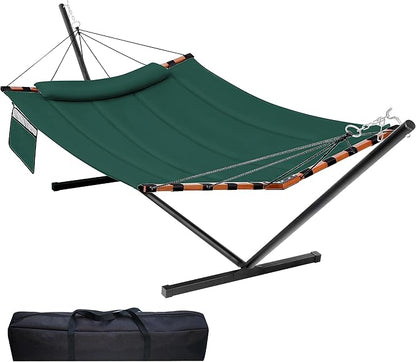 TegerDeger 12FT 2 Person Hammock with Stand Included 55 x 79IN Large Hammock 450LB Capacity with Hardwood Spreader Bar & Nylon Rope for Outside, Patio, Garden, Backyard, Beach, Poolside - Dark Green