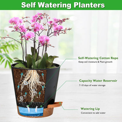Orchid Pots with Holes, 6 Inch Self Watering Orchid Pot 2 Pack Plastic Plant Pots for Orchid, Flower (Black+Brown)