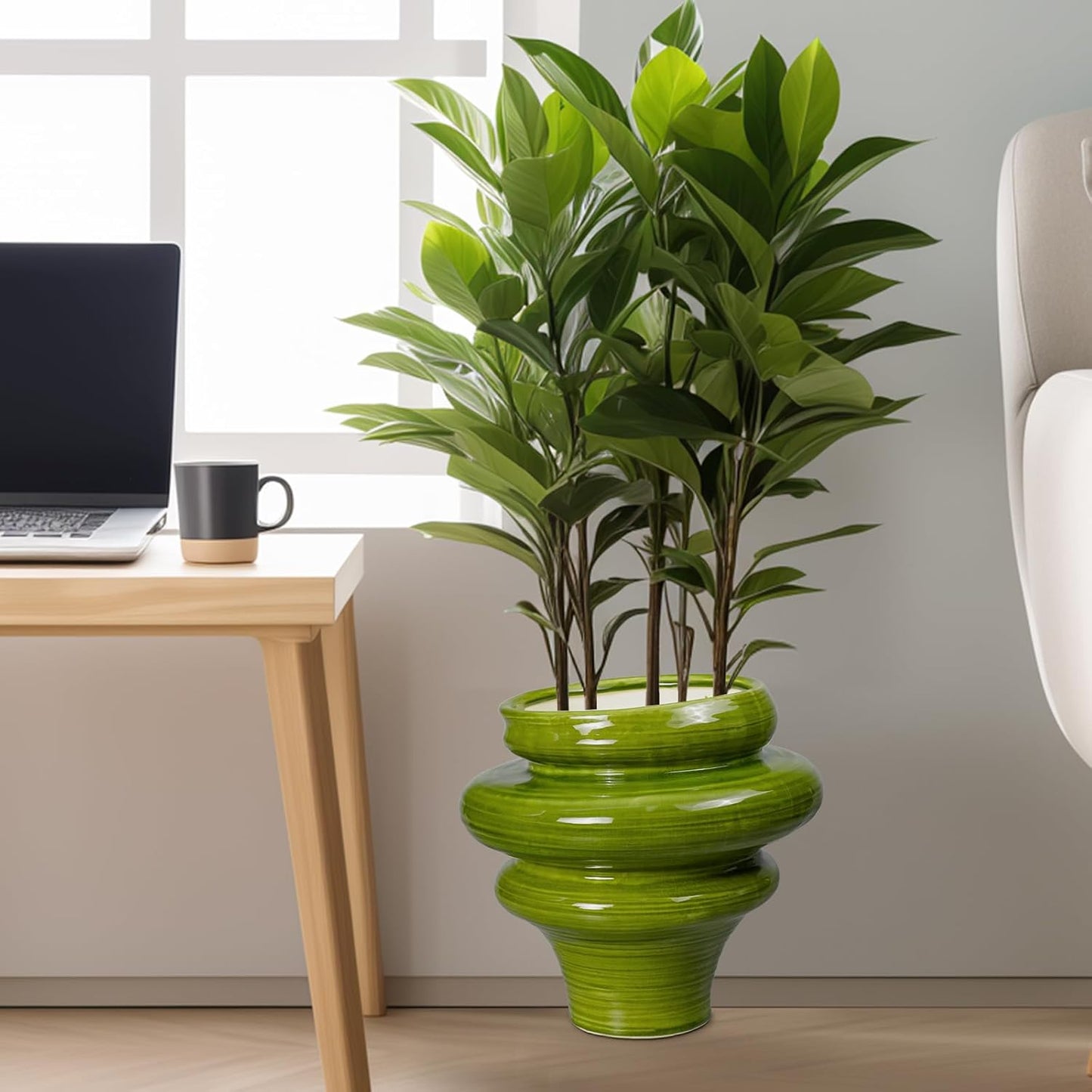 Ceramic Pot for Plants 11 Inch - Plant Pot for Indoor Outdoor, Decorative Bonsai Planter with Drainage Hole, Flower Pots for Office, Gift for Men Women, Green