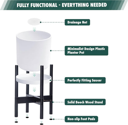D'vine Dev Planter Pot with Stand - 8 Inch Plastic Cylinder Flower Pot with Wood Planter Holder for Indoor, Matte White Pot + Ebony Stand, 55-C-K-1