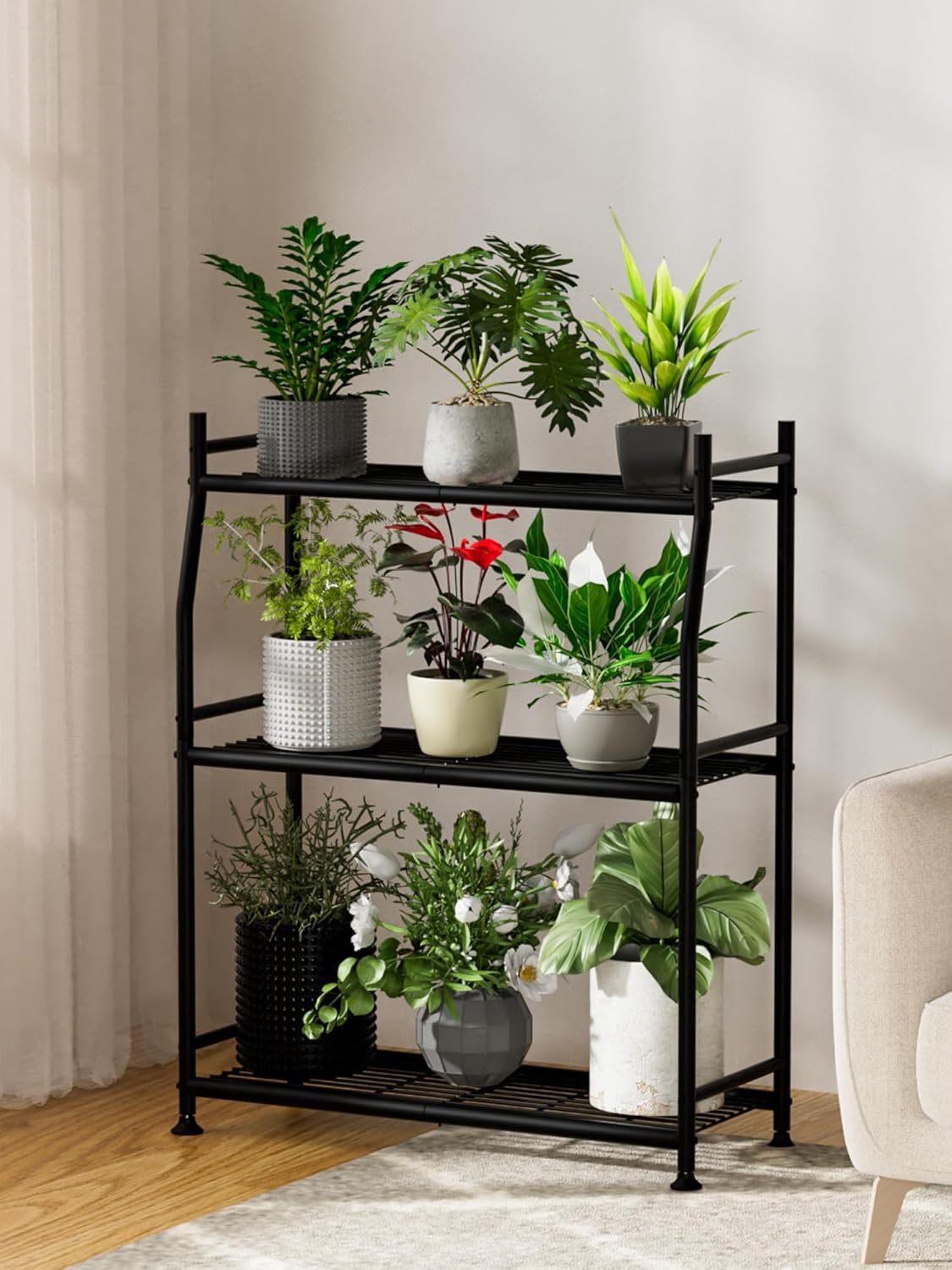 3-Tier Plant Stand Indoor Outdoor, Waterproof Metal Plant Shelf for Multiple Flower Planter Holder, Small Plant Stands for Patio Garden Living Room, Black