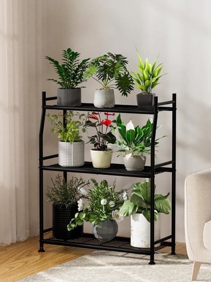 3-Tier Plant Stand Indoor Outdoor, Waterproof Metal Plant Shelf for Multiple Flower Planter Holder, Small Plant Stands for Patio Garden Living Room, Black