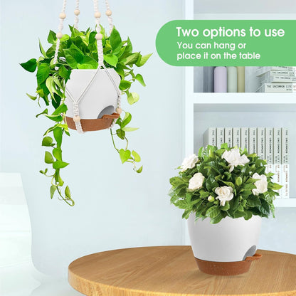 Hanging Planters for Indoor Outdoor Plants, 2 Pack Self Watering Hanging Pots, Hanging Plant Baskets with Drainage Holes & 2 Types of Plant Hangers (White, 6'')