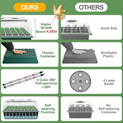 Self Watering Seed Starter Tray with Grow Light, 2 Pack 120 Cells Seed Starter Kit with Humidity Dome, Seed Starting Kit for Plant Starter, Indoor Seedling Tray with 4" High Lid Germination Tray