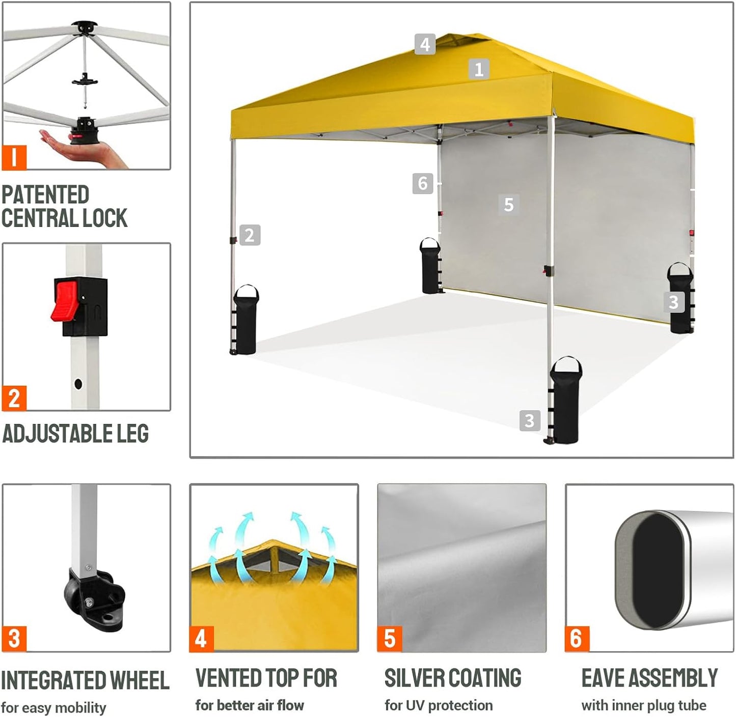 CROWN SHADES 10x10 Pop Up Canopy with 1 Side Wall - Beach Tent with One Push Setup - Outdoor Sun Shade for Events, Parties, Camping - Gazebo with STO-N-Go Cover Bag (Yellow)