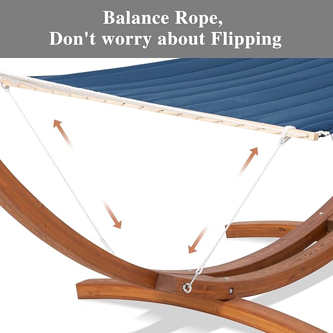 SUNCREAT Hammocks Double Hammock with 13.5 ft Wooden Stand Included, Outdoor Hammocks for Outside, 475 lbs Capacity, Blue