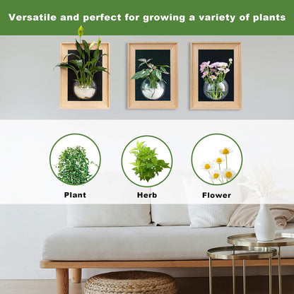 Natural Wooden Frame Wall Hanging Planter for Hydroponic Plants, 12'' x16''inch Wall Vase with Round Acrylic Propagation Station，Bathroom, Office, or Living Room Décor, Set of 3