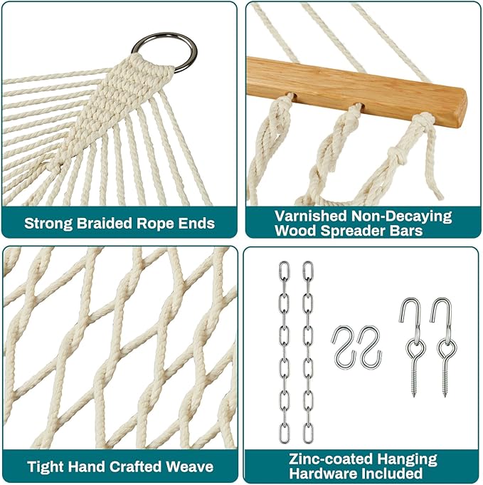 JoyView Traditional Rope Double Hammock - Hand Woven Cotton Hammock with Hardwood Spreader Bar and Pillow 450lb Capacity for Outdoor Indoor Patio Yard - Natural