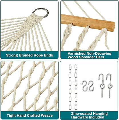 JoyView Traditional Rope Double Hammock - Hand Woven Cotton Hammock with Hardwood Spreader Bar and Pillow 450lb Capacity for Outdoor Indoor Patio Yard - Natural
