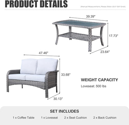 HOOOWOOO Patio Furniture Set,Outdoor High Back Loveseat Set,All Weather Wicker 2-Seater-Sofa Love Seat with Table,Light Gray