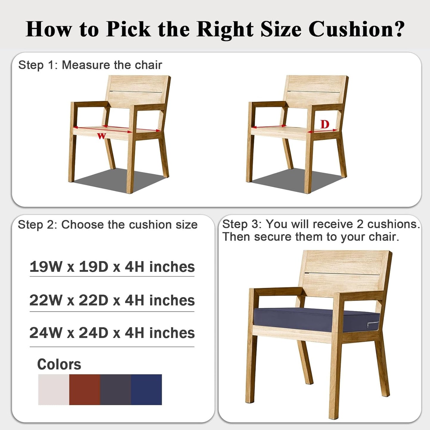 Outdoor Chair Cushions Set of 2 for Patio Furniture 19x19x4 Inch Waterproof Patio Chair Cushion 3 Year Color Fastness Square Elastic Foam Garden Sofa Couch Pads with Ties and Handle,Grey