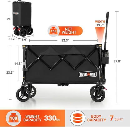 Overmont Ultra-Compact Collapsible Wagon Cart -200L Portable Folding Wagon with All-Terrain Wheels Utility for Beach, Grocery Shopping, Camping, and Gardening – 330lbs Load Capacity Black