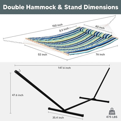 SUNCREAT Hammocks Double Cotton Rope Hammock with Polyester Pad, Heavy Duty Hammock with Steel Stand, Blue&Green
