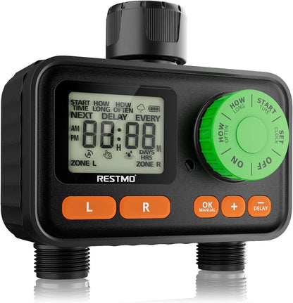 RESTMO 2 Zone Sprinkler Timer, Programmable Water Timer for Garden Hose, Automatic Control | Manual ON/Off | Rain Delay for Outdoor Faucet, Drip Irrigation and Lawn Watering System
