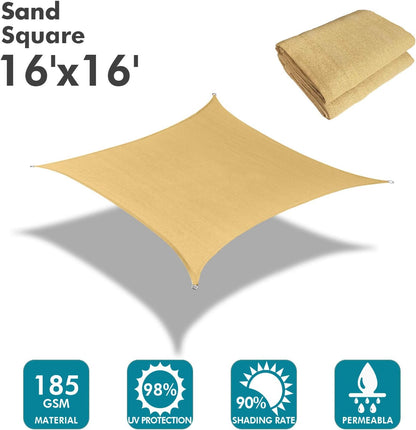 KANAGAWA Sun Shade Sail 16'x16' Sand Rectangle UV Block Canopy Awning Shelter Fabric Cloth Screen for Outdoor Patio Garden Backyard Activities