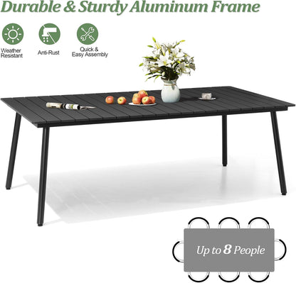 Outdoor Dining Table for 6-8, 82.7 inch Patio Dining Table with Wooden-Like Top and Aluminum Frame, Rectangular Table with Umbrella Hole Outdoor Furniture, Only Table, Black