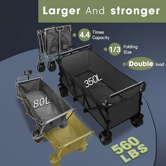 350L Large Capacity Foldable Wagon with Brakes, 560lbs Heavy Duty Collapsible Wagon Cart with Push Handle All-Terrain Big Wheels for Camping, Sports, Shopping, Beach