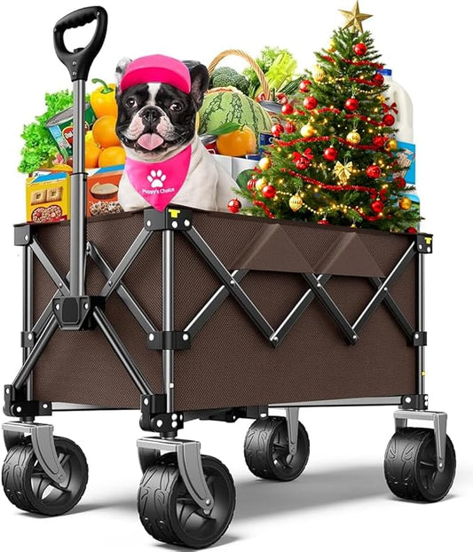 Beach Wagon,CollapsibleWagon 220lbs with Big Wheels Foldable Wagon Carts,Portable Utility for Garden Grocery Sports Camping All Terrain-Khaki