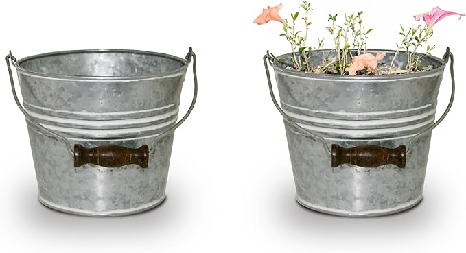 Headwind Vintage Collection - 6 Inch Galvanized w/White Wash Banded Planter with Handles – Galvanized Bucket Planter - Decorative Small Planters for Indoor Plants & Outdoor Use by Robert Allen