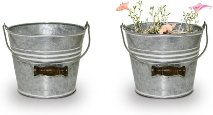 Headwind Vintage Collection - 6 Inch Galvanized w/White Wash Banded Planter with Handles – Galvanized Bucket Planter - Decorative Small Planters for Indoor Plants & Outdoor Use by Robert Allen