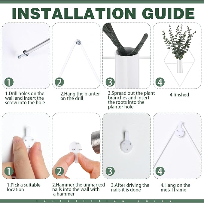 Jexine Hanging Planters with Artificial Eucalyptus Metal Hanging Vase Indoor Plants Holder Modern Geometric Boho Bathroom Wall Decor for Living Room Home Office (White,8 Pcs)