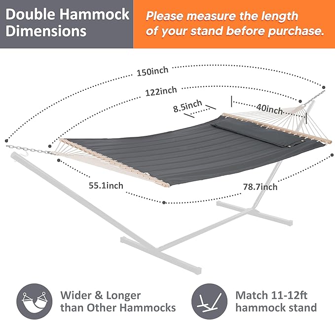 SUNCREAT Portable Tree Hammock with Hardwood Spreader Bar, Extra Large Soft Pillow, Heavy Duty 2 Person Hammock for Indoor, Outdoor, Gray