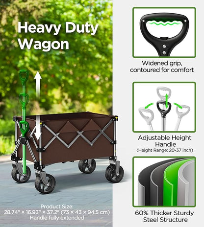Beach Wagon,CollapsibleWagon 220lbs with Big Wheels Foldable Wagon Carts,Portable Utility for Garden Grocery Sports Camping All Terrain-Khaki