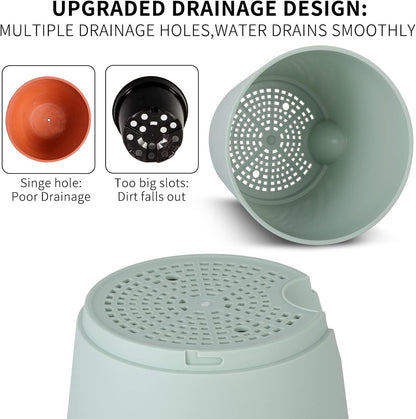 GARDIFE Plant Pots 7/6.5/6/5.5/5 Inch Self Watering Planters with Drainage Hole, Plastic Flower Pots, Nursery Planting Pot for All House Plants, African Violet, Flowers, and Cactus,Green