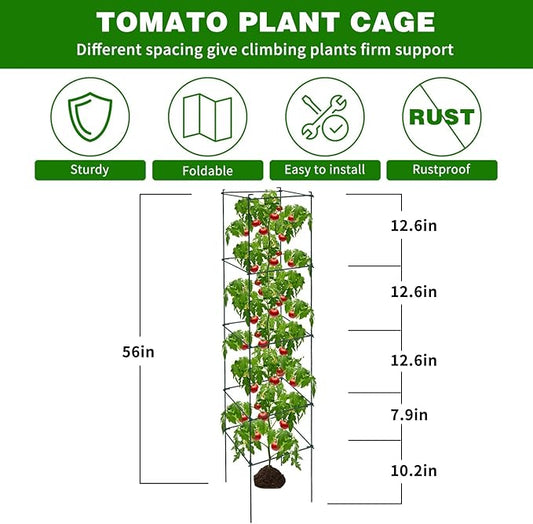 6 Packs Tomato Cages for Garden, 12"×12"×56" Plant Support Cage with Different Spacing, Green Metal Trellis for Climbing Plants Like Cucumber, Flowers