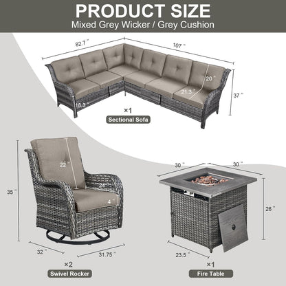 Outdoor Sectional Sofa Furniture Set with Propane Fire Pit Table, Wicker Patio Conversation Set with 2 Swivel Glider Rocker Chairs Grey Cushion Perfect for Backyard Casual Gathering