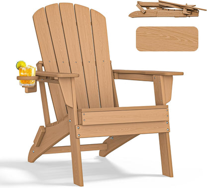 Folding Adirondack Chair - Extended Ergonomic Backrest, Cup Holder - Easy Assembly - Durable HDPE Plastic, Weather Resistant & Maintenance-Free - Lawn, Patio, Deck Supports 400lbs Teak