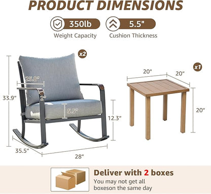 NATURAL EXPRESSIONS Glider Rocking Chair Bistro Set, 3 Pieces Outdoor Patio Furniture Conversation Set with 2 Rocker Chairs, 1 Table and Thick Cushions for Backyard, Porch, Balcony, 350lbs, Grey.