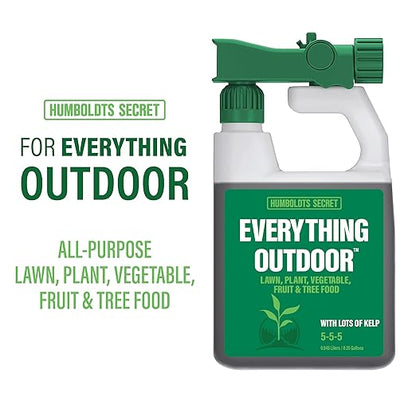 Humboldts Secret Everything Outdoor Plant Food | 5-5-5 Liquid Fertilizer with Norwegian Kelp | All Purpose Lawn, Vegetable & Fruit Food | Garden Nutrients | Refillable Hose End Bottle | 32 Ounce
