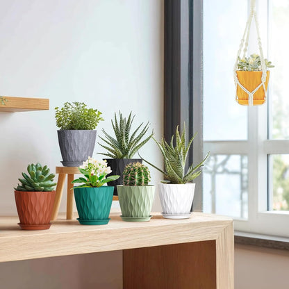 5 inch Plant Pots for Indoor Outdoor Plants, 6 Pack Thick Nursery Pots with Drainage Holes and Saucers, 3D Modern Wave Texture Small Plastic Planter Flower Pots, Black with Green Speckles