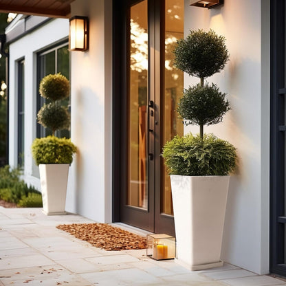 LA JOLIE MUSE 26 inch White Tall Planters for Outdoor Plants,Set of 2 Large Planters for Indoor Plants,V Shaped Tree Planters for Front Door, 26'' White With Tray