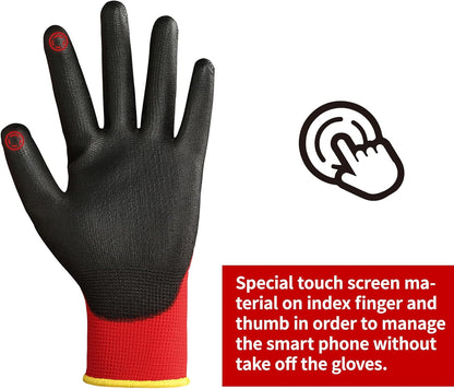 DULFINE Safety Work Gloves PU Coated for Men and Women-12 Pairs,Red Seamless Knit Glove with Two Fingers Touchscreen,Ideal for General Duty Work (Medium)