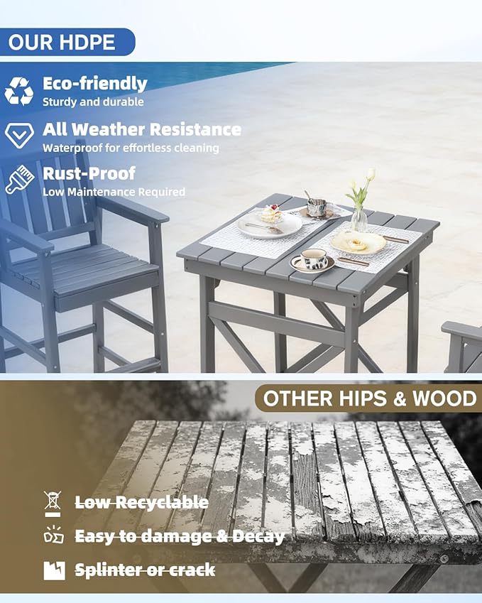 QUASCO Outdoor Adirondack Chairs and Table 3-Piece Sets, Adirondack Bar Table and Height Chairs Set of 2, HDPE Outdoor Bar Stools Set for Bistro, Patio, Balcony, Poolside, Grey