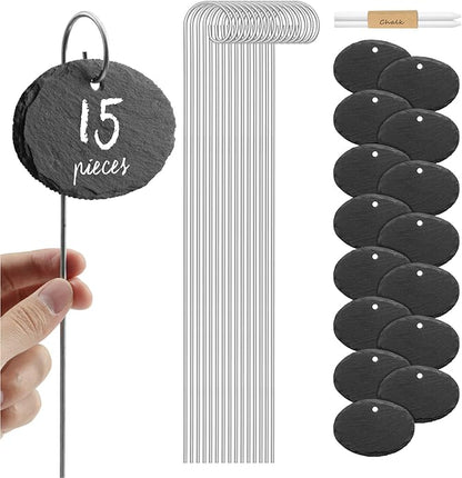 Navaris Slate Plant Labels (15 Pieces) - Garden Marker Label Signs with Stakes - Markers for Plants, Vegetables, Herb Gardens - with Chalk Pencils - Oval